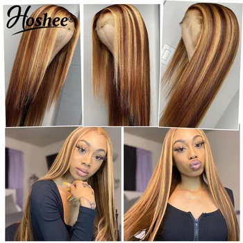 

13x4 Straight Wig Highlight 150% Lace Front Human Hair Wigs Honey Blond Ombre Fringe Wig with bangs for Women Remy Brazilian Wig