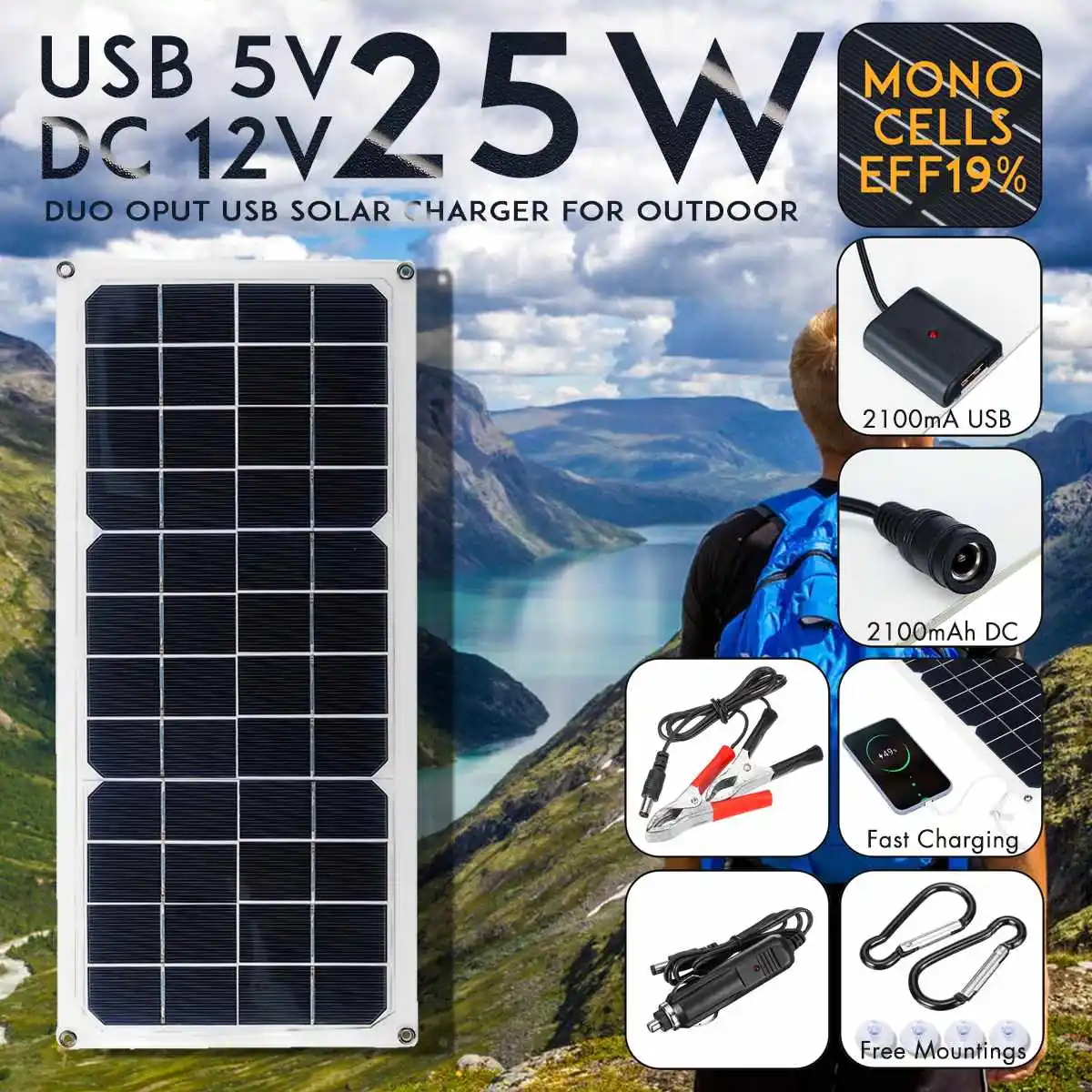 

LEORY 12V 25W 1.2A 420x190x3mm Monocrystalline Solar Panel Cell Charger Set with Rear Junction Box Support USB Port