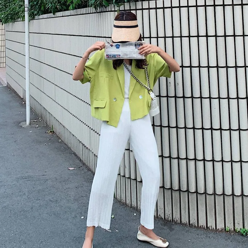 

Photo Shoot INS Hipster Green Sense of Design Half-sleeve Shirt Double Breasted Loose Casual Versatile Suit Short Jacket Women's