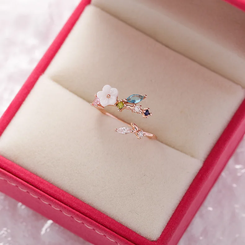 Korea’s New Exquisite Crystal Flower Ring Fashion Temperament Sweet Versatile Love Opening Ring Female Jewelry
