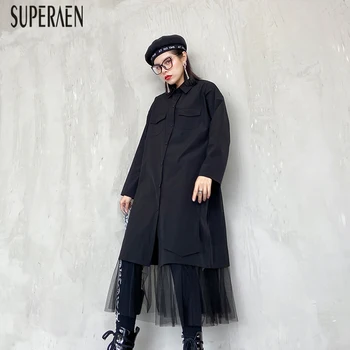 

SuperAen New 2020 Spring Fashion Women's Shirts Solid Color Pluz Size Wild Casual Ladies Blouses Mesh Stitching Women Clothing