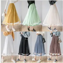 Женская юбка с высокой эластичной талией, летняя мода, плиссированная юбка, Женская сетчатая юбка трапециевидной формы, Женская Однотонная юбка H349