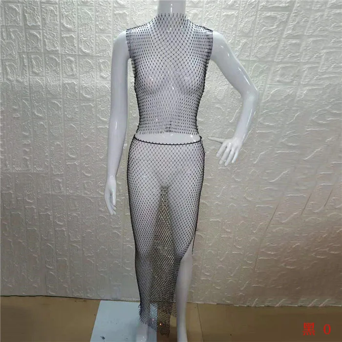 Black O Neck Блестящая клетчатая одежда со стразами; комплект из 2 предметов; сетчатый топ; пикантная трикотажная юбка-карандаш; женские комплекты одежды; пляжная одежда - Цвет: Black O Neck