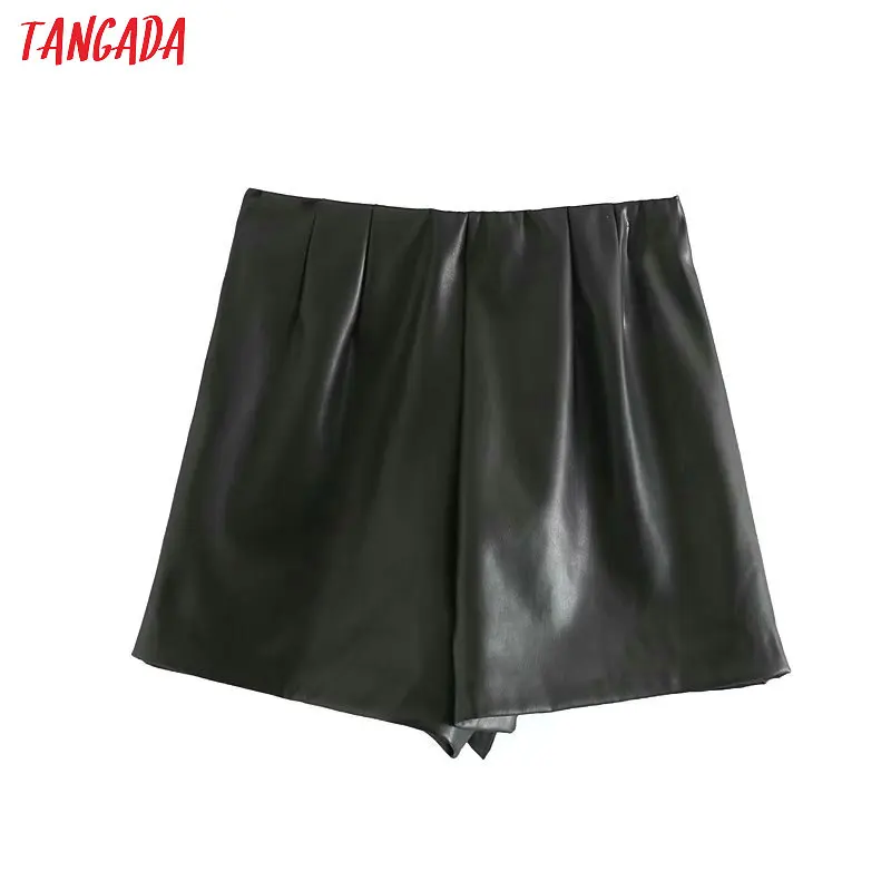 Tangada, Женская юбка из искусственной кожи с оборками, шорты, черные, Новое поступление, карманы, женские, высокая талия, женские повседневные шорты, 4M132