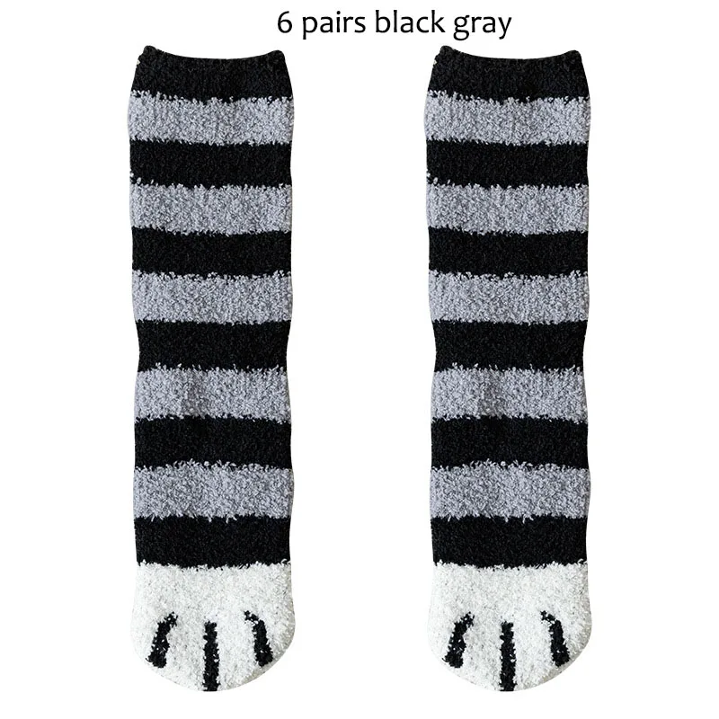 6 пар/лот, новые женские носки для сна с милым рисунком когтей кошки, женские теплые зимние толстые коралловые бархатные носки-Тапочки - Цвет: 6 pairs black gray