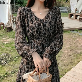

BornSra Women Spring Floral Chiffon Long Dress Ruffle Sleeve V neck Dress Black Female A-line Flower Print Vestidos Plus Size
