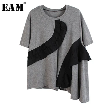 

[EAM] Women Black Gray Ruffles Split Temperament T-shirt New Round Neck Short Sleeve Fashion Tide Spring Summer 2020 1S602