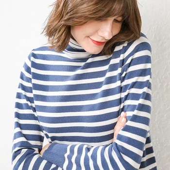 

Women's sweaters stripes 2019 autumn new women's fashion casual cashmere pullover knit sweater with high collar tops