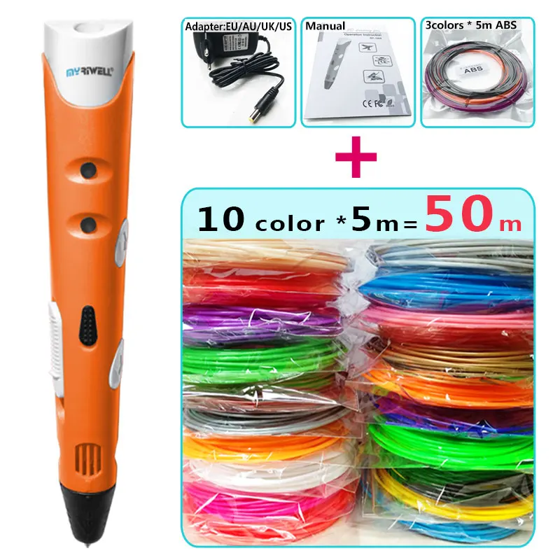 Myriwell 3d Ручка 3d ручки, 1,75 мм ABS/PLA нити, 3 d pen3d модель, Creative3d ручка для печати, лучший подарок для детей DIY креативный, pen-3d - Цвет: and 10 color 5m silk