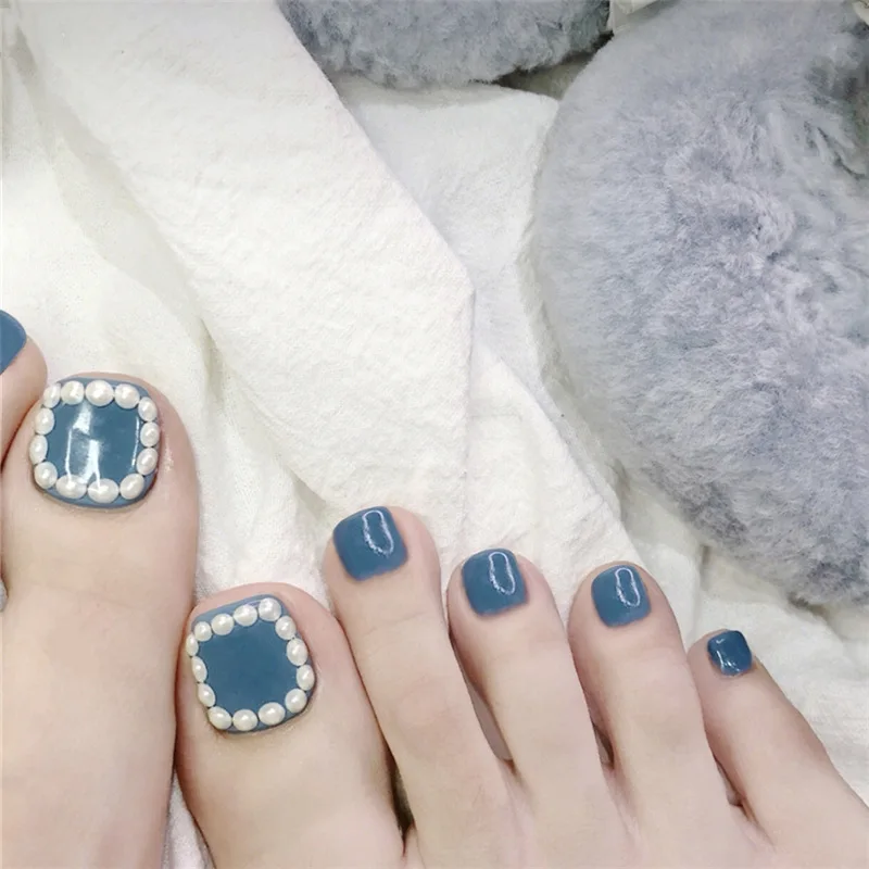 

Pearl Smoky Blue Fake Nails Square Head Short Paragraph Manicure Accessories Summer Bride's Fake Toenail Patch Nail Art