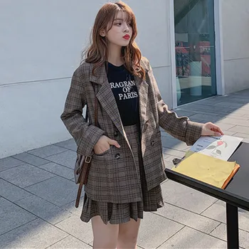 

Autumn Vintage Two-piece Office Ladies Blazer Suits Double-breasted Jacket & A-line Skirt Women Skirt Suit Casual Blazer Sets