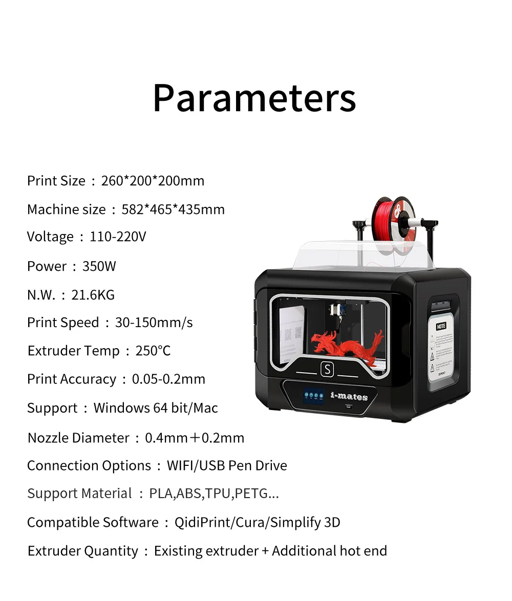 QIDI TECH 3D PRINTER i-MATES Get Extra 0.2mm Extruder 260*200*200mm Large Build Size