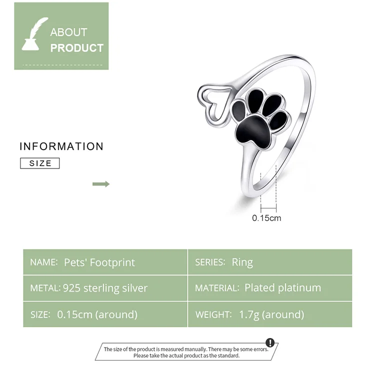 Bamoer Аутентичное Стерлинговое Серебро 925 черная эмаль собачья лапа и сердце Регулируемые кольца для женщин ювелирные изделия аксессуары SCR584