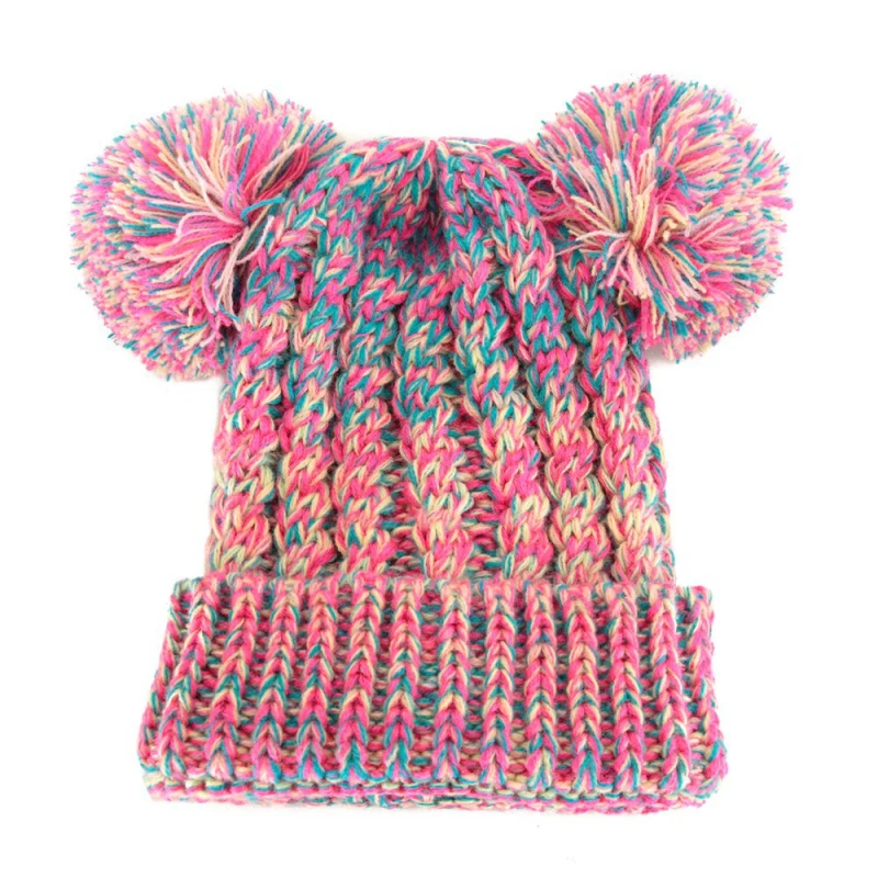 Kid Knit Hat Autumn and Winter Weaving Double Ball Boys and Girls Hat With Two Double Pom Pom Beanie For Cute Boys Girl 1-3Years - Color: 09