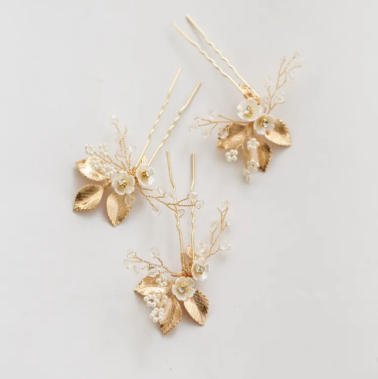 Vintage Leaf Wedding Hair Pins Clips Handmade Pearls Women Jewelry