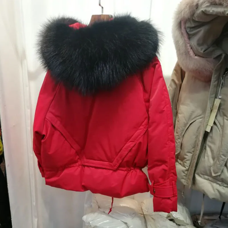 Стиль Dongdaemun,, Женский плотный короткий пуховик с капюшоном и воротником из меха енота в Корейском стиле