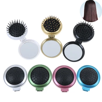 

New Makeup Comb Hair Brush Pro Styling Tool Portable Mini Folding Comb Airbag Massage Round Travel Hair Brush with Mirror NEW