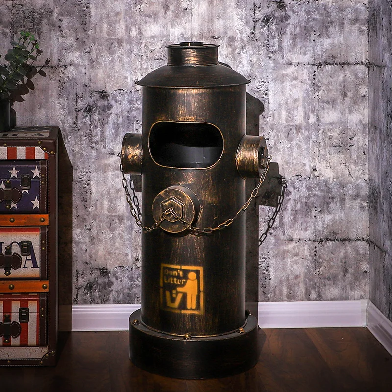 

Industrial Wind Fire Hydrant Trash Can With Cover Vintage Iron Storage Bucket Creative Oil Bucket Floor Decoration Trash Can