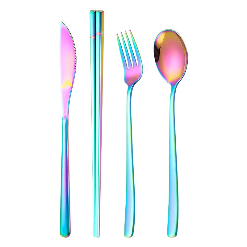 

4Pcs Rainbow Cutlery Set 18/10 Stainless Steel Dinnerware Set Knife Fork Spoon Chopsticks Dinner Tableware Set
