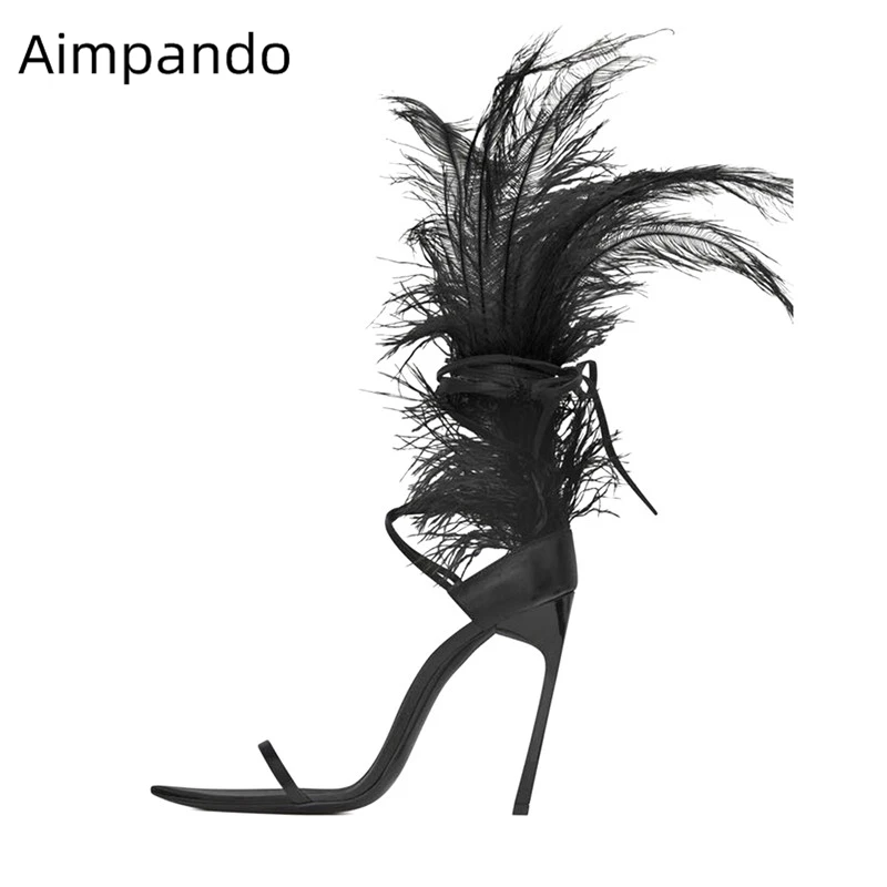 Модные сандалии-гладиаторы с перьями для подиума; женские летние сандалии с открытым носком, с одним ремешком и перекрестной шнуровкой