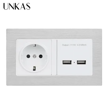 

UNKAS French Plug Socket Power Outlet Stainless Steel Panel Dual USB Wall Charger Adapter Charging 2100ma Wall Charger Adapter