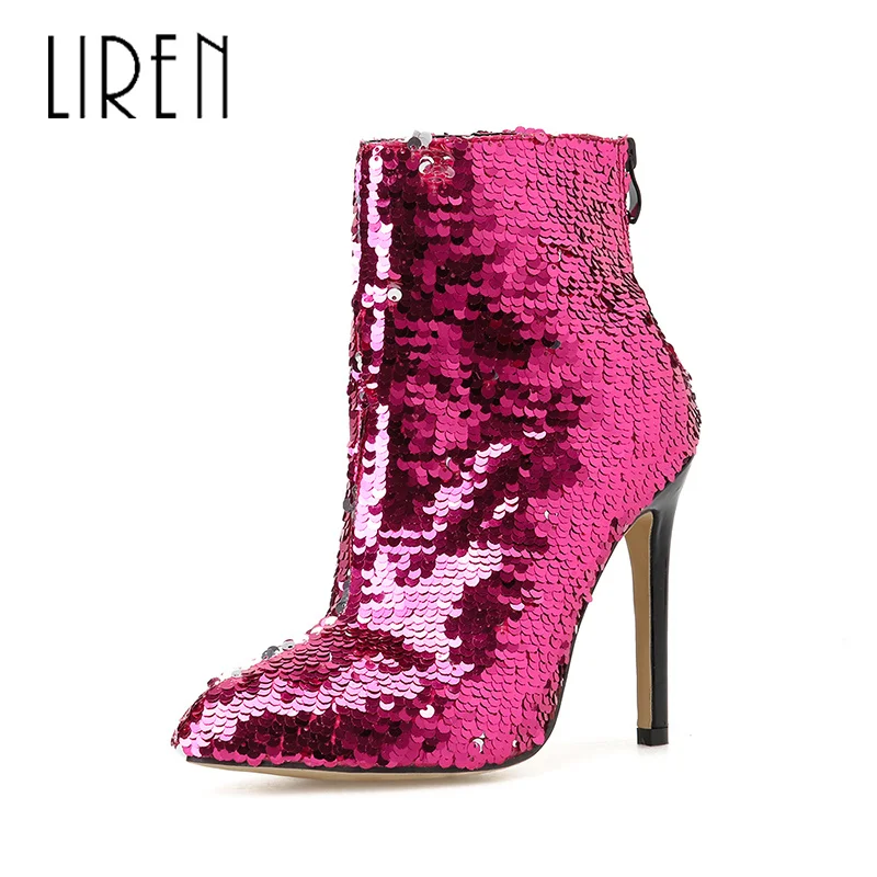 

Liren 2019 Winter Sequined Cloth Fashion Women Ankle Zip Boots Pointed Toe High Thin Heels Lady Fashion Sexy Winter Warm Boots