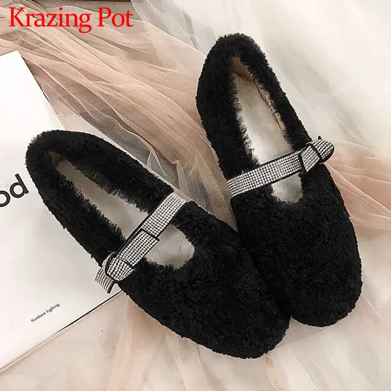 Krazing Pot/благородная Модная брендовая обувь из овечьей шерсти с бантом и стразами; повседневная обувь на низком каблуке с круглым носком; Милые Удобные туфли-лодочки для свиданий; L98