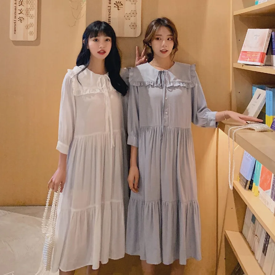 

Photo Shoot CHIC French Non-mainstream Fairy Bluish Grey Peter Pan Collar Lace-up Single Breasted Loose-Fit Flounced Dress Summe