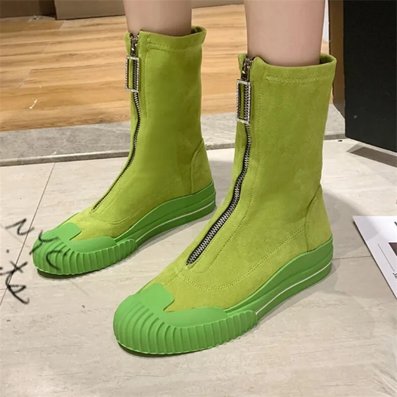 Ceny Nowy 2019 kobiet jesień zima wzmocniony przód zamek błyskawiczny z przodu rhinestone elastyczne skarpetki tkaniny krótkie buty motocyklowe buty Botas Mujer