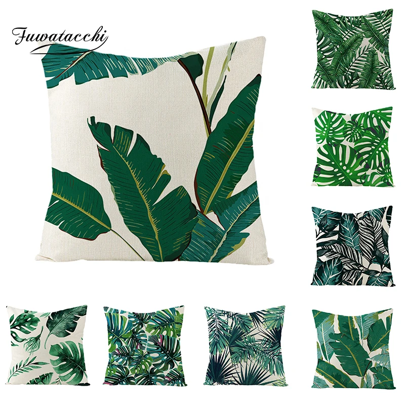 

Fuwatacchi Linen Plant Cushion Cover Leaves Trees Throw Pillow Cover Green Tropical Pattern Square Pillowcases Shop decoration