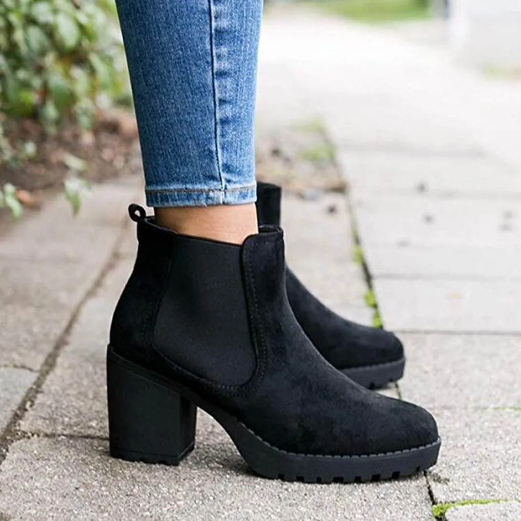 Botines de mujer, tacos cuadrados para mujer a la moda, bota de punta  redonda corta de Color sólido sin cordones, zapatos de mujer, botas de  invierno|Botas hasta el tobillo| - AliExpress