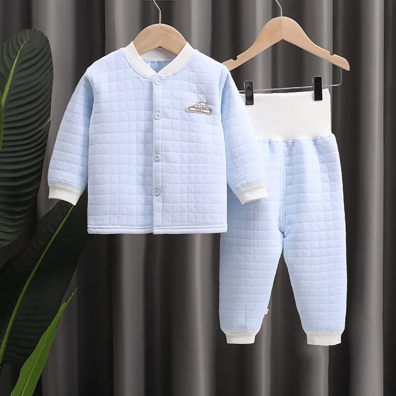 New Baby Boys Autumn Thicken Clothes Long Sleeved Three-layer Warm Underwear Suit High Waist Belly-protecting Cotton Pant Pajama cheap cotton nightgown Sleepwear & Robes