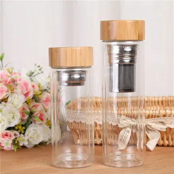 

Bamboo Cover Water Bottles with Tea Infuser Double Layer Glass Cup for Outdoor Two Size WB2199