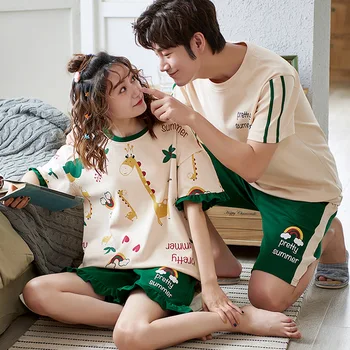 

New Products Short Sleeve Couples Pajamas Female Summer Korean-style Casual Tracksuit Men's-Outer Wear Men's Women's Pajamas