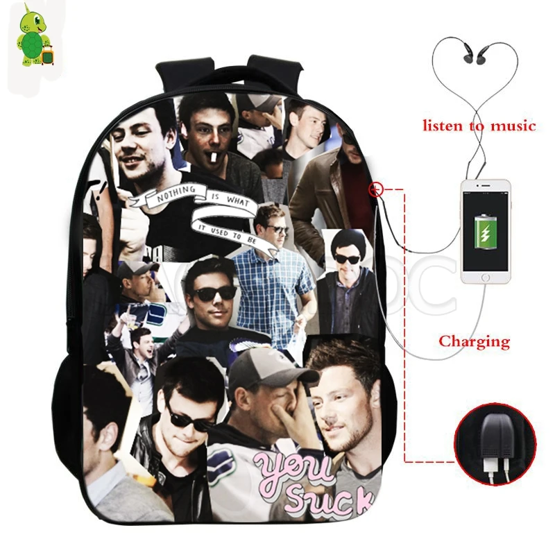 Cory Monteith Glee Многофункциональный рюкзак для женщин и мужчин USB зарядка Рюкзак для ноутбука для подростков студентов дорожные сумки