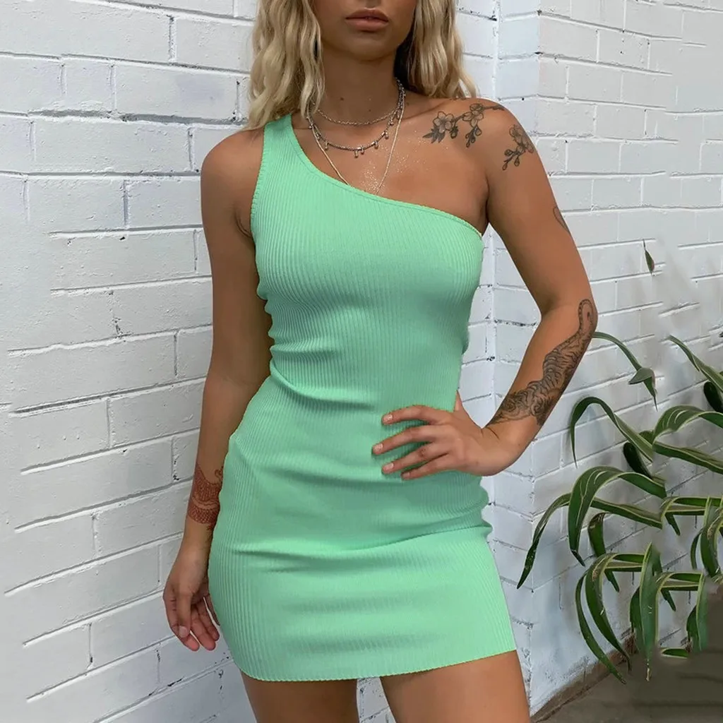 Women Sexy One Shoulder Sleeveless Summer Dress Solid Color Party Mini Spring And | Женская одежда