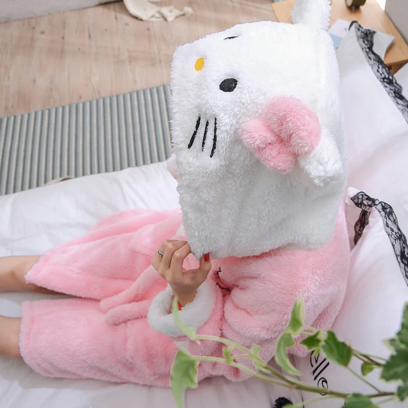 Женская фланелевая ночная рубашка hello kitty с длинным рукавом, банный халат, штаны, зимняя Милая Пижама с рисунком, Женская домашняя одежда, комплект одежды для сна