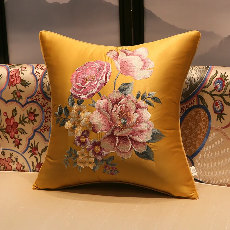 Роскошный чехол для подушки с вышивкой декоративная наволочка современный китайский традиционный цветок Coussin диван Dec 45x45 см - Color: Yellow