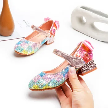 

New Princess Kids Shoes Casual Glitter Leather Wedding Girls Sandals Rainbow Sequin Sandal Party Dress High Heels Children Shoes
