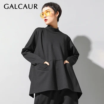 

GALCAUR Korean Irregular T-shirt For Women Turtleneck Long Sleeve Plus Size Side Split Female Shirts 2020 Autumn Winter Fashion