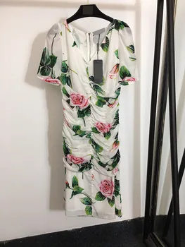

2020 New Summer Women Elegant Slim Holiday Style V-neck Rose Print Pleated Waist Bodycon Silk Dress
