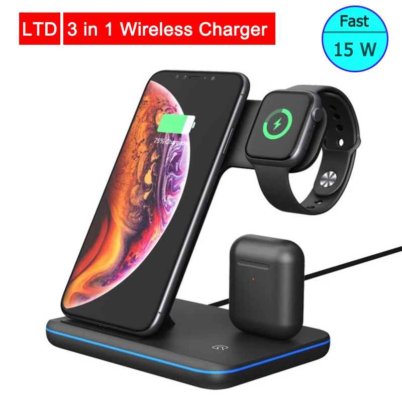 

3 in 1 Fast Charger 15W Qi For Android IOS Smartphone Fast Charging with Stand Charging Dock For Smart Watch For AirPods Charge