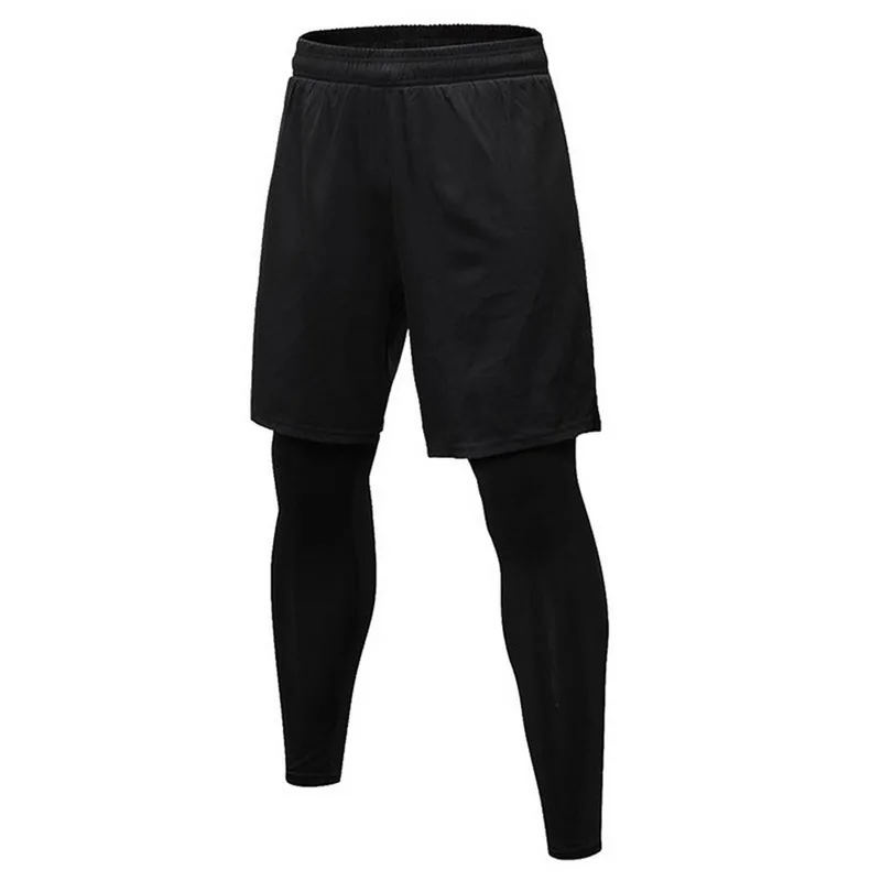 Мужские спортивные штаны, модные летние, 2 в 1, быстросохнущие, эластичные, обтягивающие, спортивные штаны, одноцветные, для спортзала, фитнеса, тренировок, леггинсы, штаны - Цвет: Черный