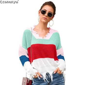 

Rainbow Knitted Sweater Women Pink Loose Female Fringe Sweater Pullovers V Neck Autumn Winter Irregular Low Cut Knit Sweater