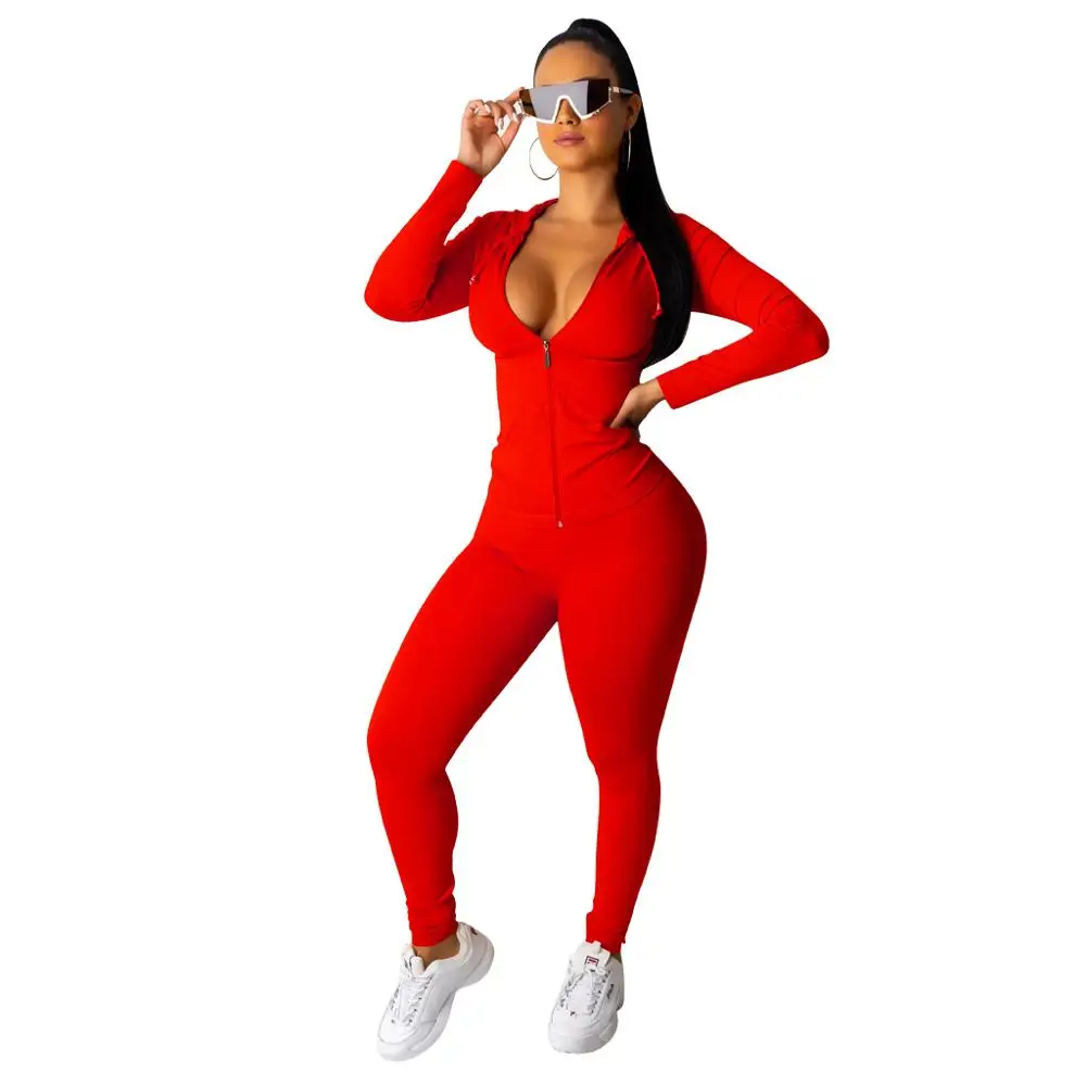 Сексуальный комплект из двух предметов, женские спортивные топы для верховой езды, с капюшоном, на молнии, тонкие эластичные длинные брюки-карандаш, костюм, Современная Дамская уличная одежда - Цвет: Красный