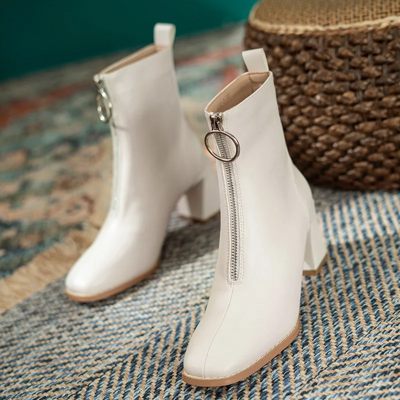

Quality Women Ankle Boots Pumps Shoes Autumn Winter Ladies Plush Warm High Heels Fashion Square Toe Zip Short Boots Female