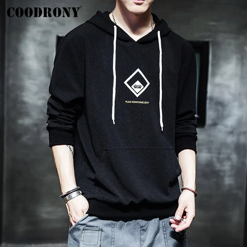 Черный Бренд COODRONY, мужские толстовки, Осень-зима, хип-хоп толстовка, Мужская Уличная мода, с капюшоном, флисовый пуловер, худи, мужские топы 94013 - Цвет: Черный