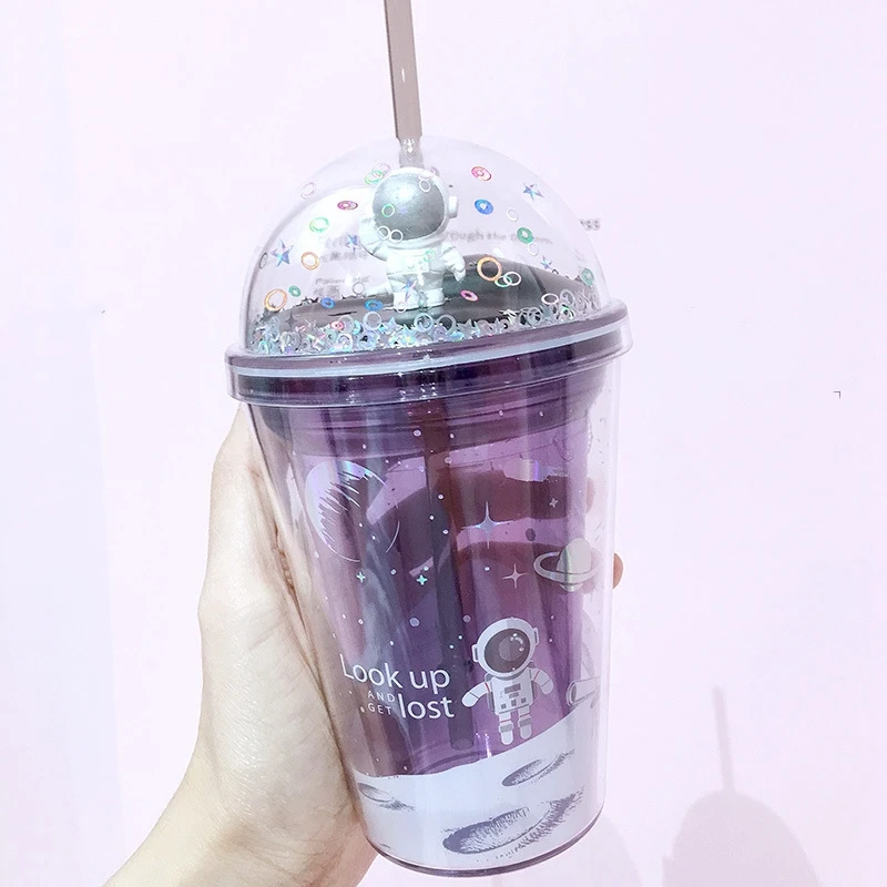 Kawaii Cute Cat Ear Tumbler Cup Water Bottle W Straw & Lid Silver Glitter  !nside