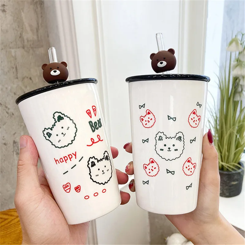 

Cute Bear Coffee Mug Ceramic Tea Cup Milk Mug With Cover Straw Cartoon Mugs For Children Mother's Day Birthday Christmas Gifts