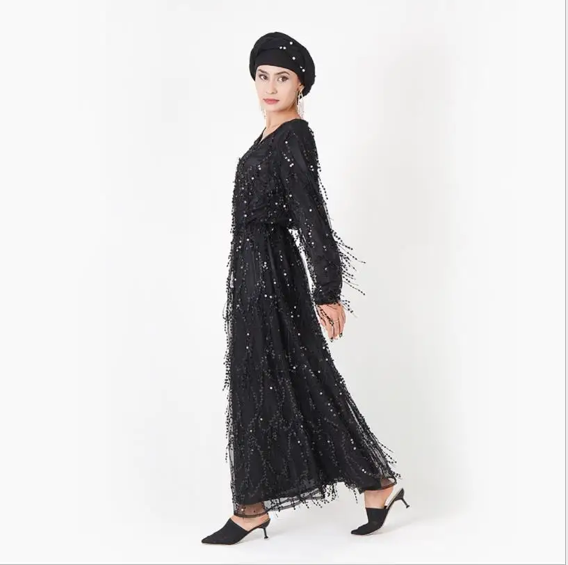 BLACK Роскошные мусульманские блестки абайя хиджаб платье Vestidos кардиган-кимоно длинные халаты Jubah Ближний Восток Eid Рамадан исламский - Цвет: BLACK